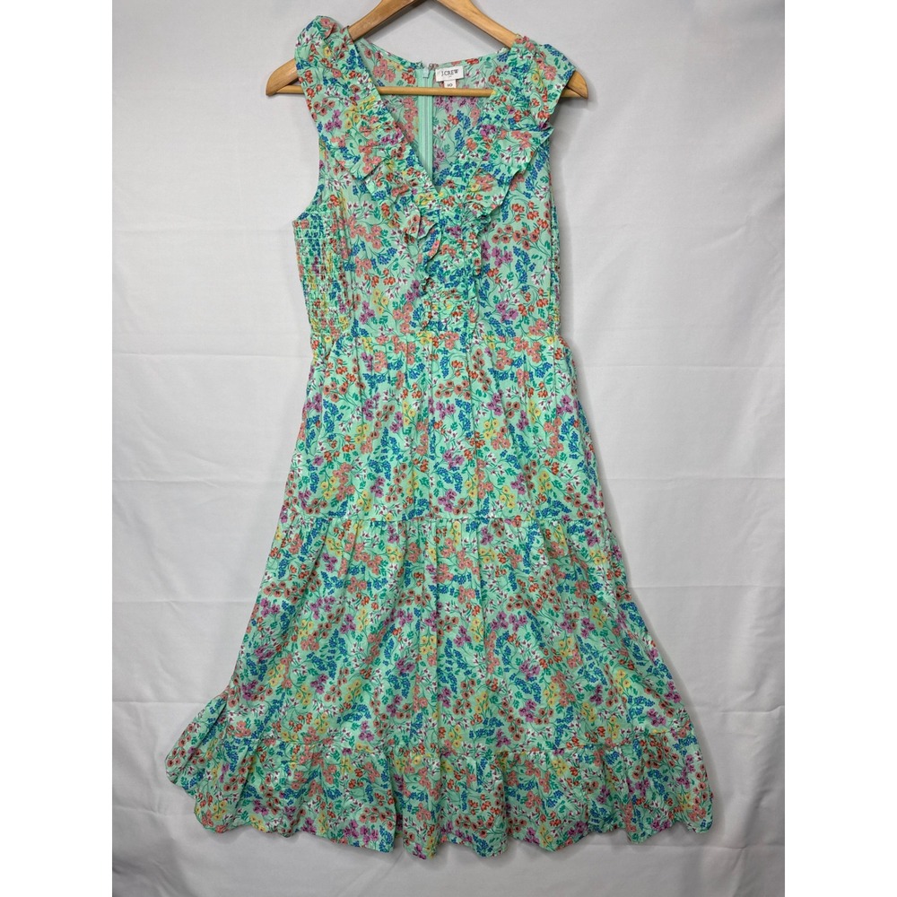 J.Crew Floral Ruffle Tiered Midi Dress Mint Green Smocked Waist Cotton Size 10